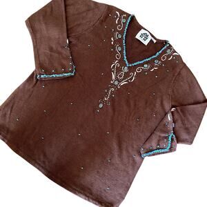 Storybook Knits Women's Brown Turquoise Jewel Beaded V Neck Sweater 1X